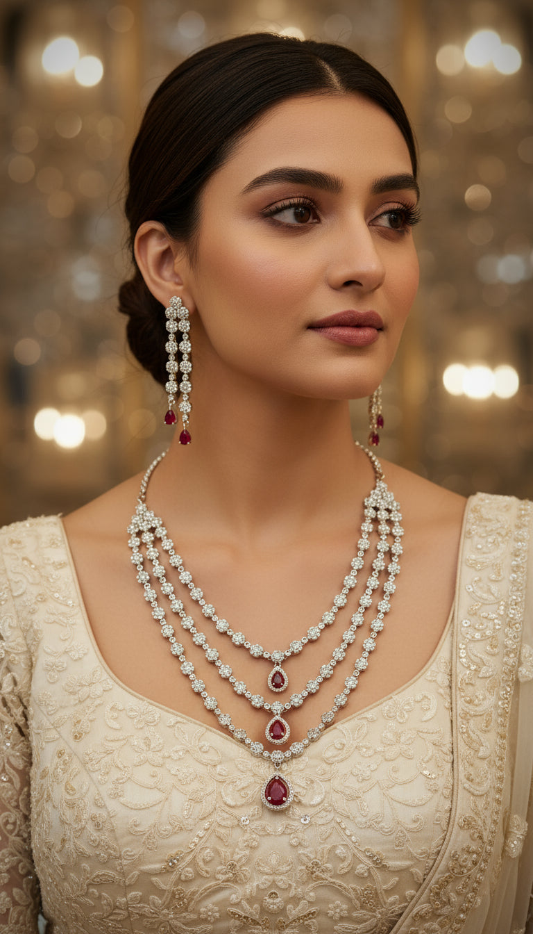 Red Netara Three Layered Zirconia Necklace Set