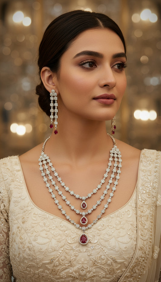 Red Netara Three Layered Zirconia Necklace Set