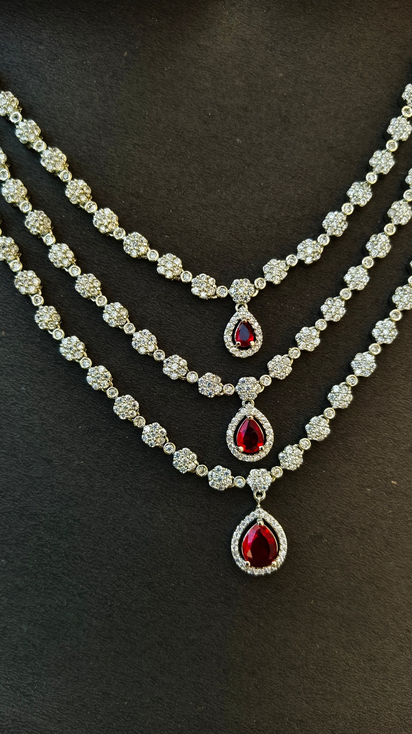 Red Netara Three Layered Zirconia Necklace Set